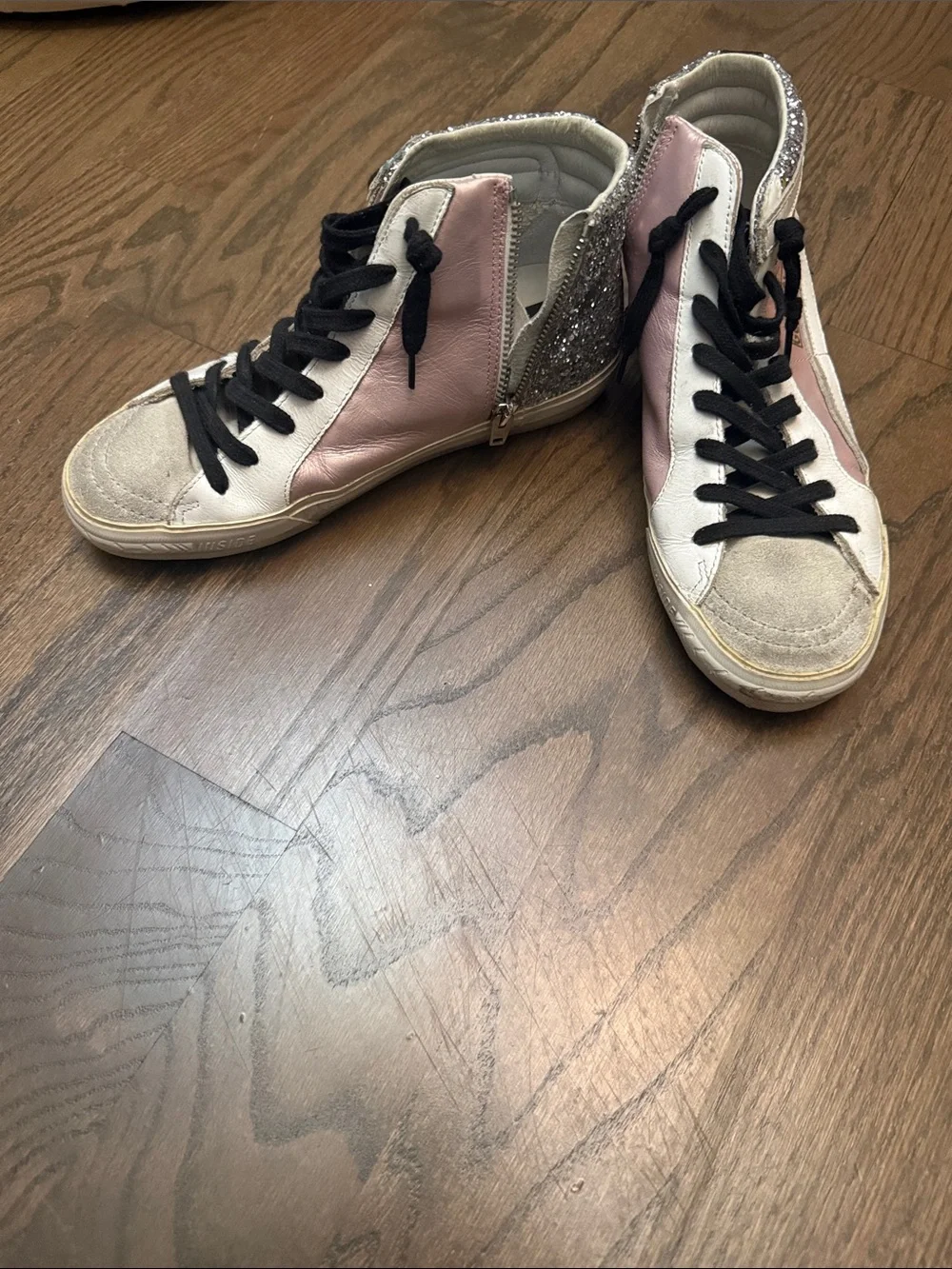 Golden Goose Pink, White & Black High-Top Sneakers with Glitter Heel - Picture 6 of 6